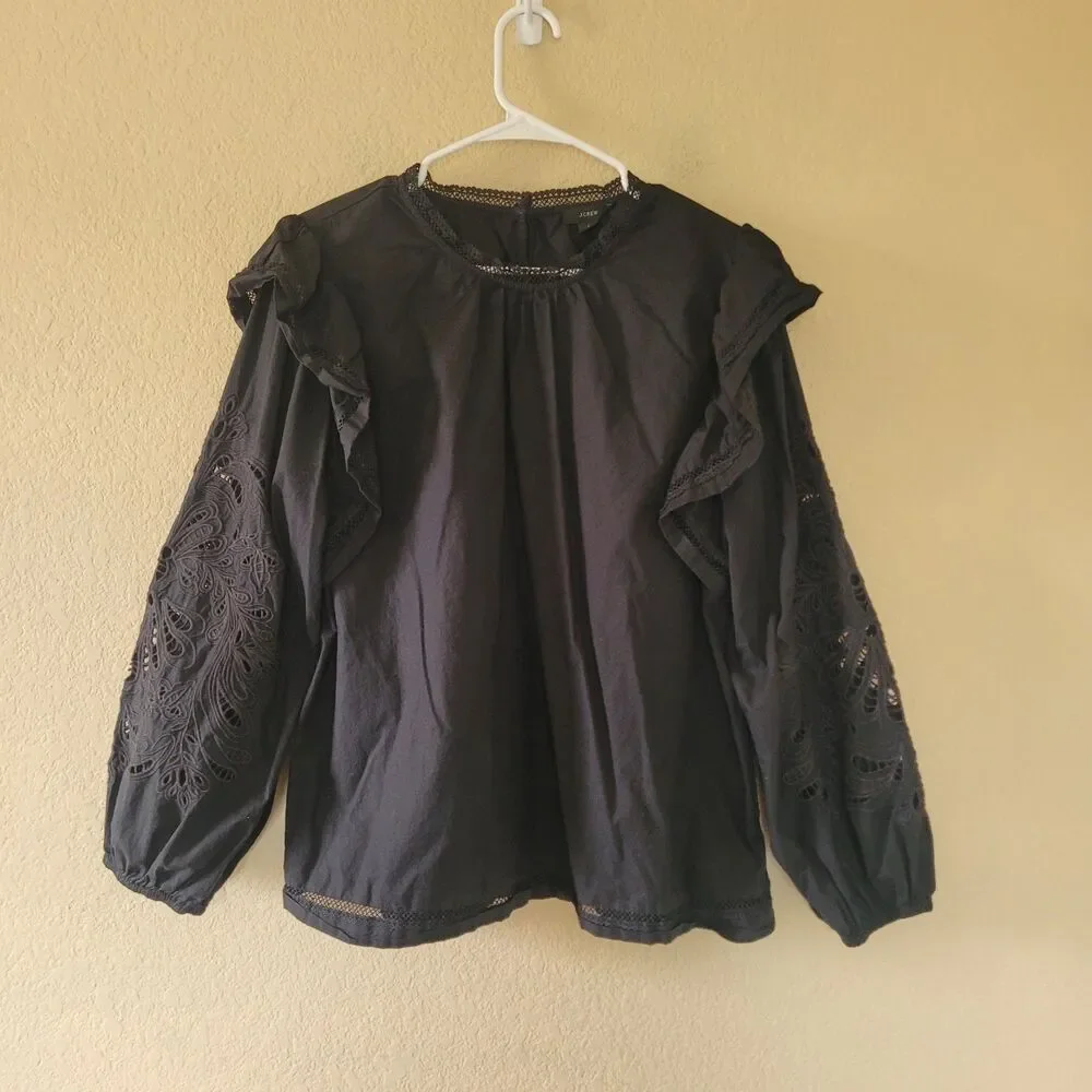 J Crew Womens Peasant Puff Flutter Sleeve Blouse Large Prairie Boho Eyelet Black
